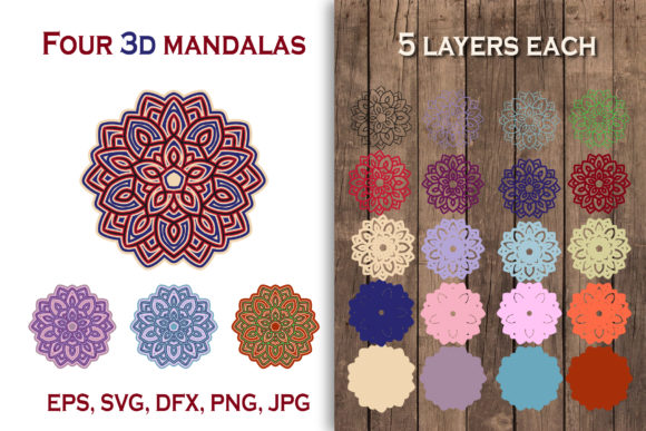 3D Mandalas in Four Color Versions for Graphics and Crafts